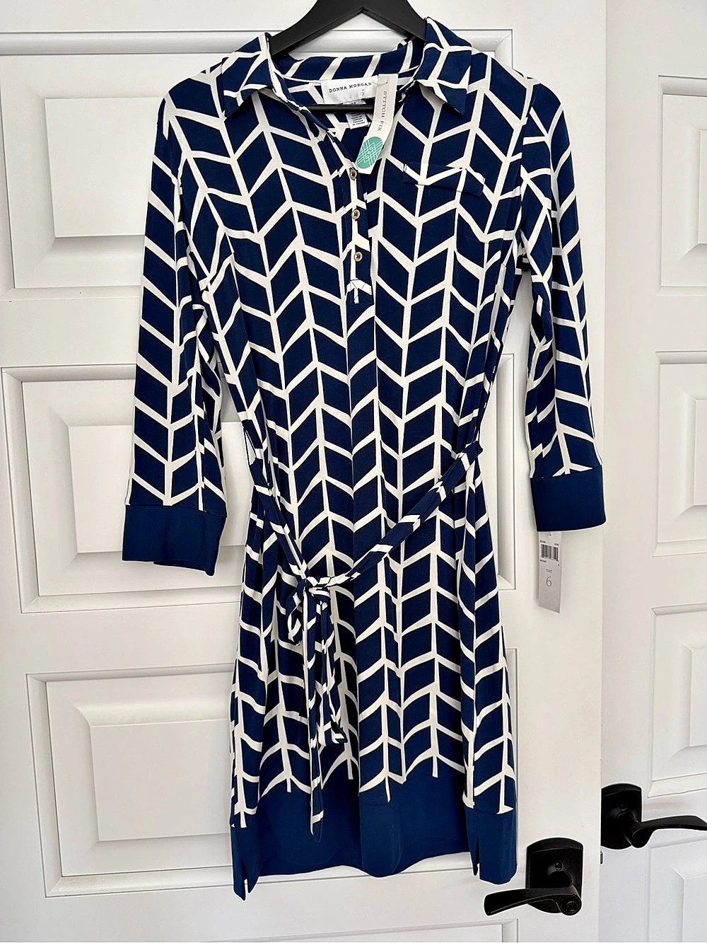 Donna Morgan Marlow Jersey Shirt Dress Geometric Midi Dress in Blue & White Size